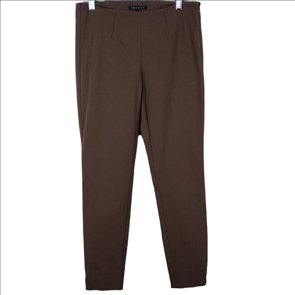 Theory Brown Flat Front Mid Rise Side Zipper Straight Leg Ankle Casual Pant